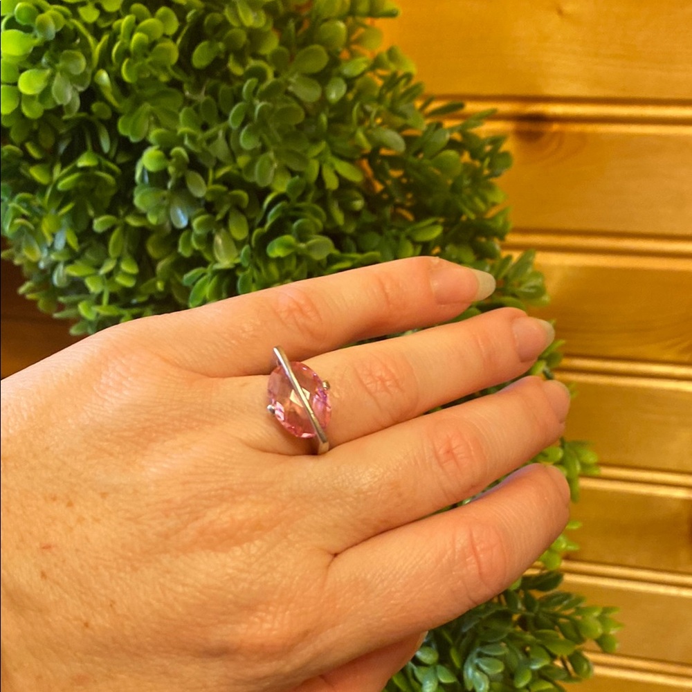 Pink Rhinestone Abstract Silver Tone Ring Size 6